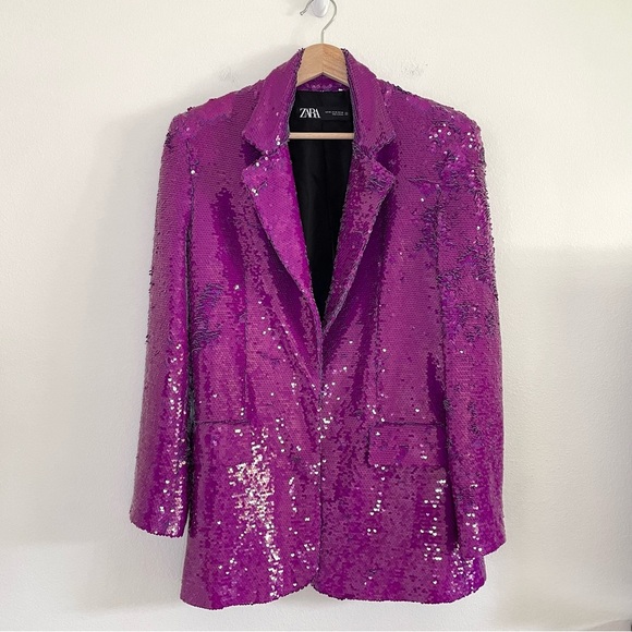 Zara Sequin Blazer Notch Lapel Oversized Jacket Purple Fuchsia XS - Picture 7 of 15